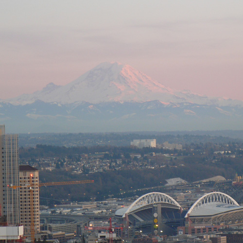 Mount Rainier pink with setting sun