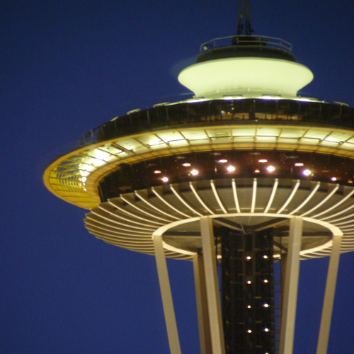 Lit Space Needle early morning